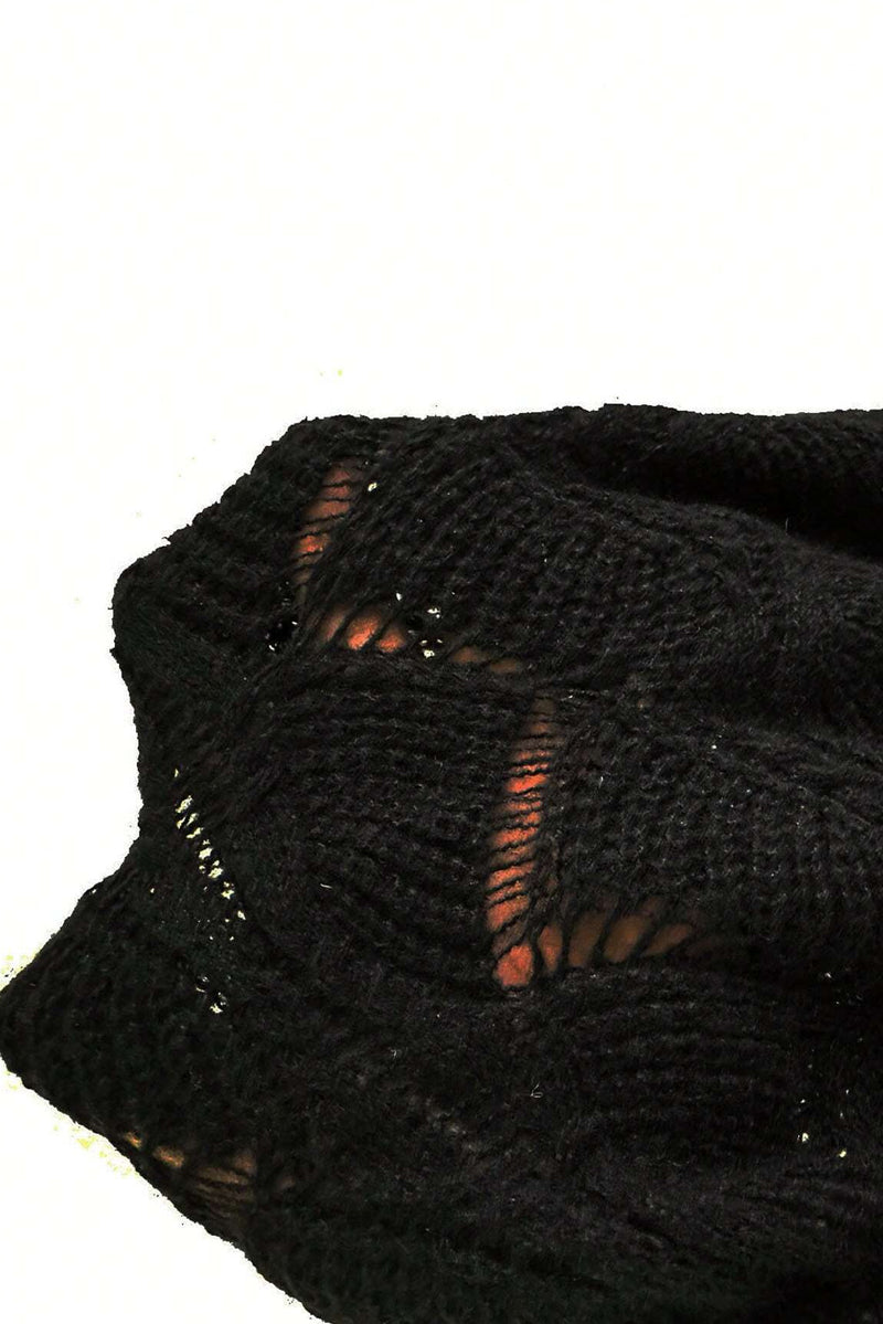 Black Hollow Out Knit V Neck Drop Shoulder Sweater