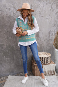 Sky Blue Tribal Print V Neck Knitted Sweater Vest