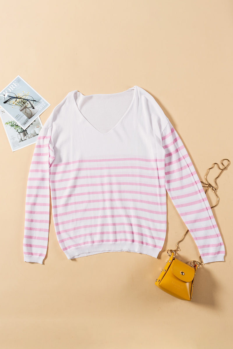 Pink Striped V Neck Long Sleeve Sweater