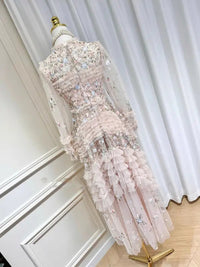 Summer Autumn Fashion Flower Embroidery Lace Prom Evening Dress Women Long Sleeve Layers Wooden Ear Edge Midi Cake Dresses Party