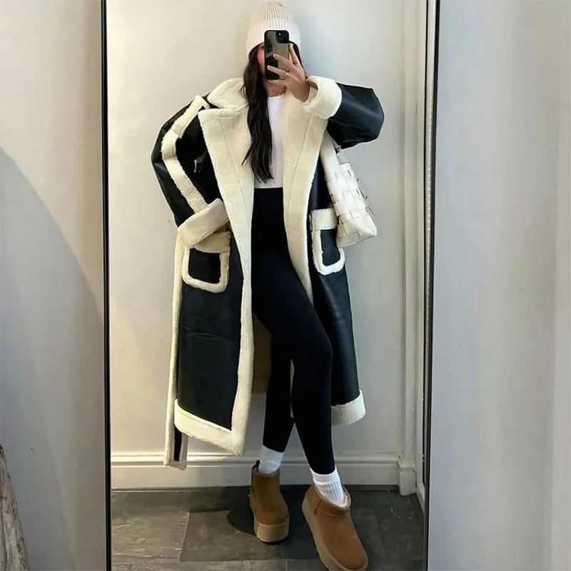 Chic Woman Contrast Lamb Woolen Warm Coat Versatile Loose Lapel Full Sleeve Pockets Long Jacket 2024 New Autumn Street Outerwear