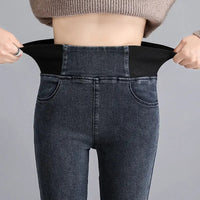 High-Waisted Women's Fleece-Lined Plus Size Jeans Elastic Waist Slimming Trousers Smooth Your Silhouette Autumn/Winter