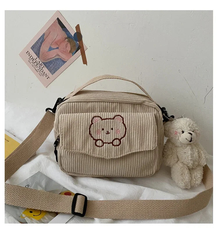 Personalized Teddy Bear Embroidered Diagonal Shoulder Bag, Corduroy Leisure Bag, WOMEN'S Crossbody Bag