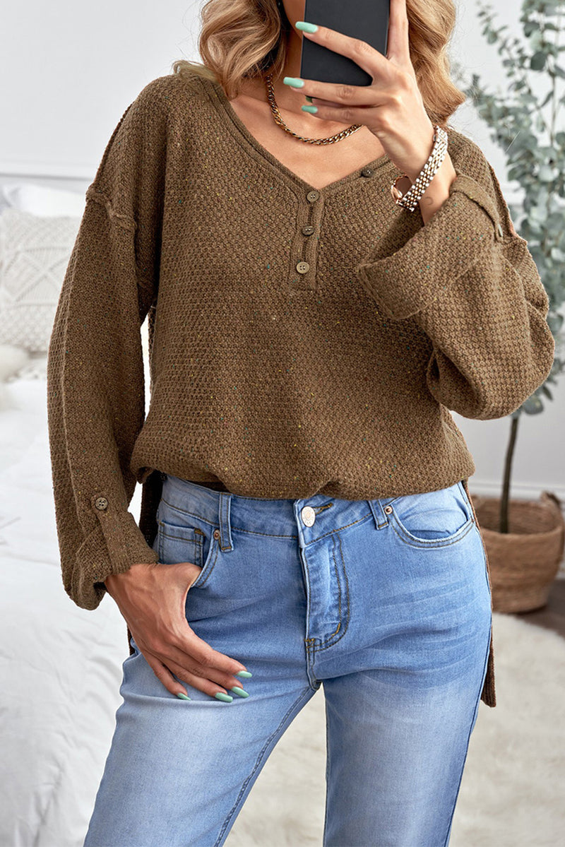 Brown Buttoned Drop Shoulder Knitted Sweater