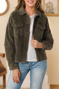 Gray Contrast Snakeskin Trim Pocketed Corduroy Jacket