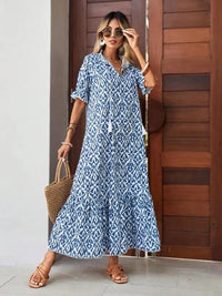 Women's Summer Chiffon V Neck Short Sleeve Floral Flowy A Line Maxi Dress Boho Flounce Tiered Swing Long Beach Dresses