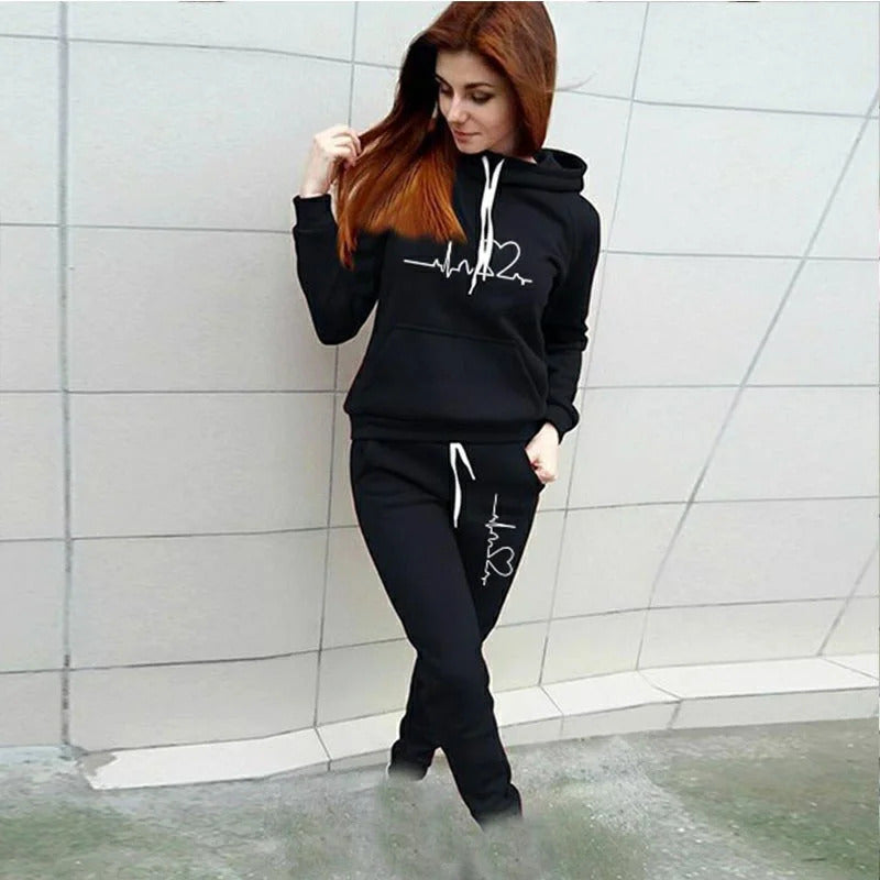 New Fun Heartbeat Line Printed Women's Sweatshirt Suit Hooded Pants Suit Women's Jogging Sweatshirt Two Piece Set