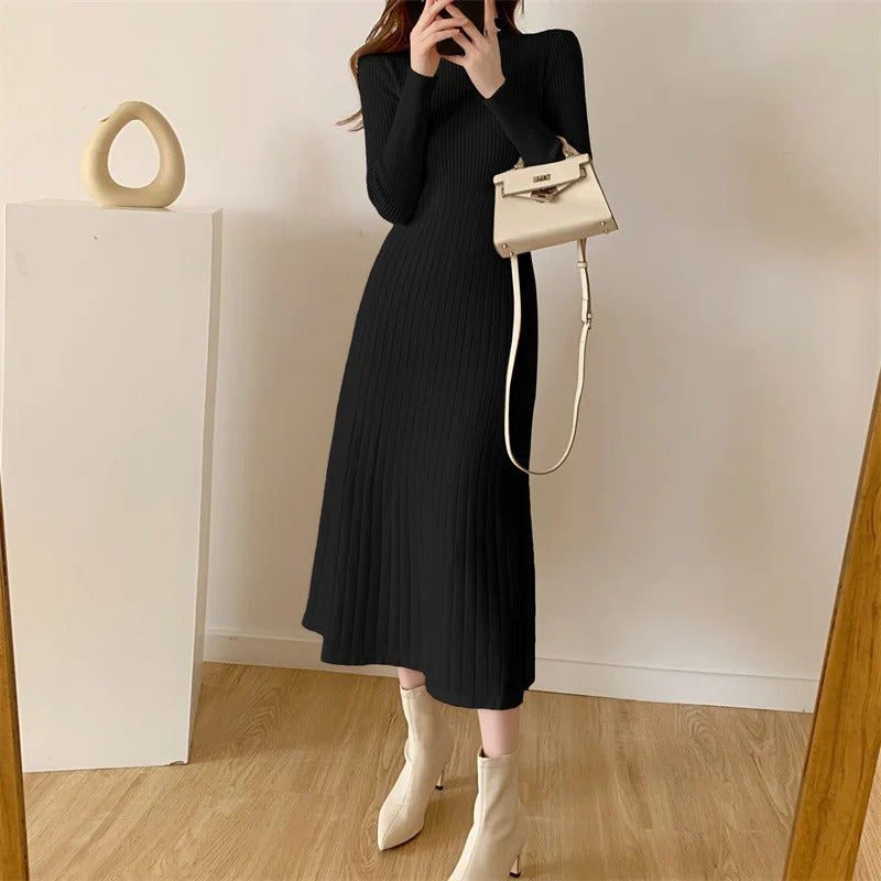 Autumn Winter 2023 Slim Long Sleeve Party Midi Dress for Women Knitted Half High Collar Elegant Knitted Sweater Dresses Ladies