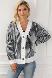 Black Zig Zag Stripe Buttoned Sweater Cardigan