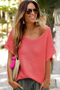 Red Clay Solid Loose Knit Short Dolman Sleeve Sweater