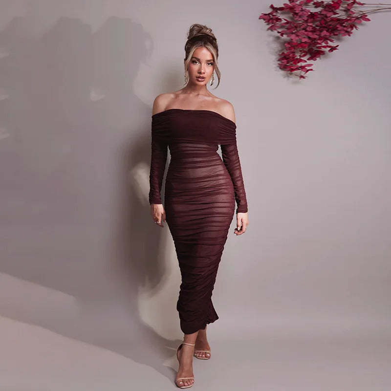 Mozision Off-shoulder Long Sleeve Sexy Maxi Dress For Women Autumn New Strapless Backless Bodycon Ruched Party Long Dress