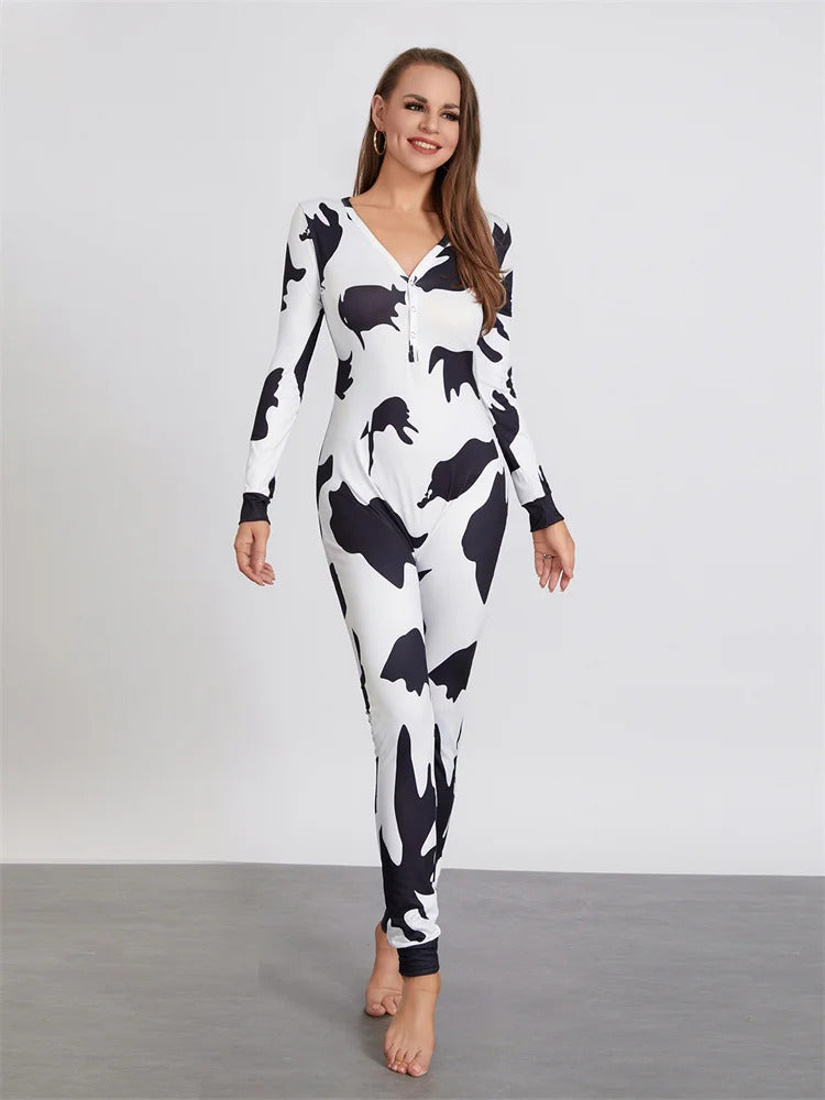 Women Buttoned Flap Jumpsuits Sleepwear Cow Printed Long Sleeve V Neck Bodycon Romper Spring Fall Loungewear