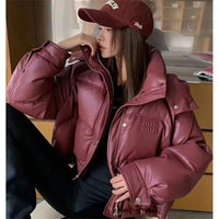 Women's Leather Down Cotton Jacket 2025 Versatile Hooded Lady Winter Parka Coat Fashion Student Ladies Cotton Padded Outerwear