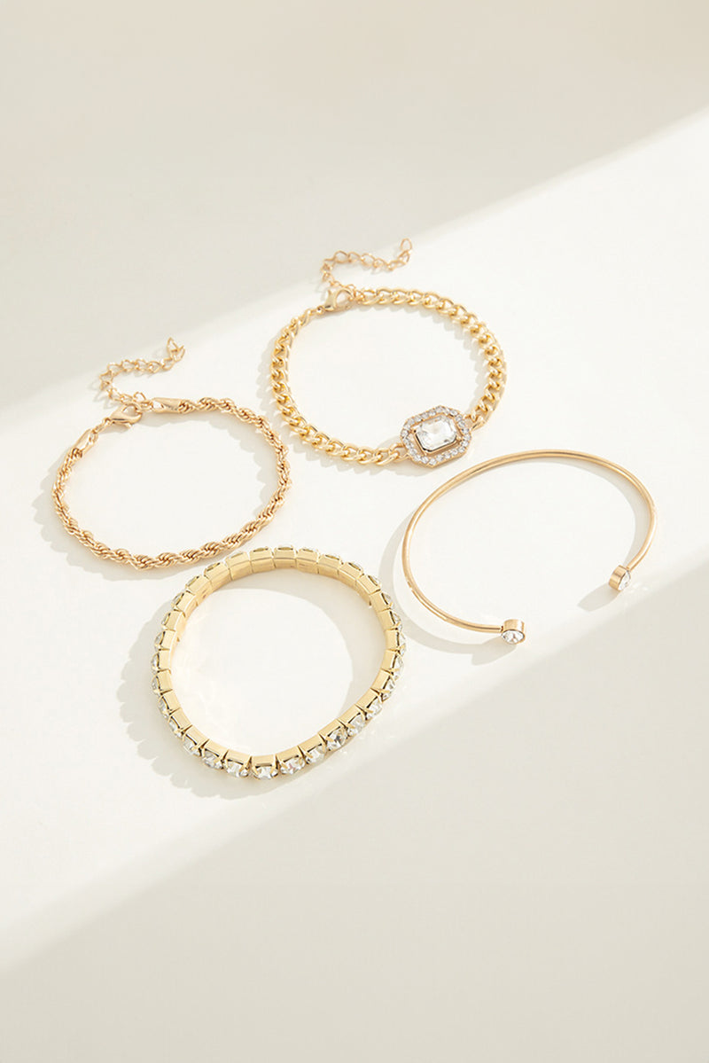 Gold 4pcs Diamond Chained Braided Bangle Bracelet Set