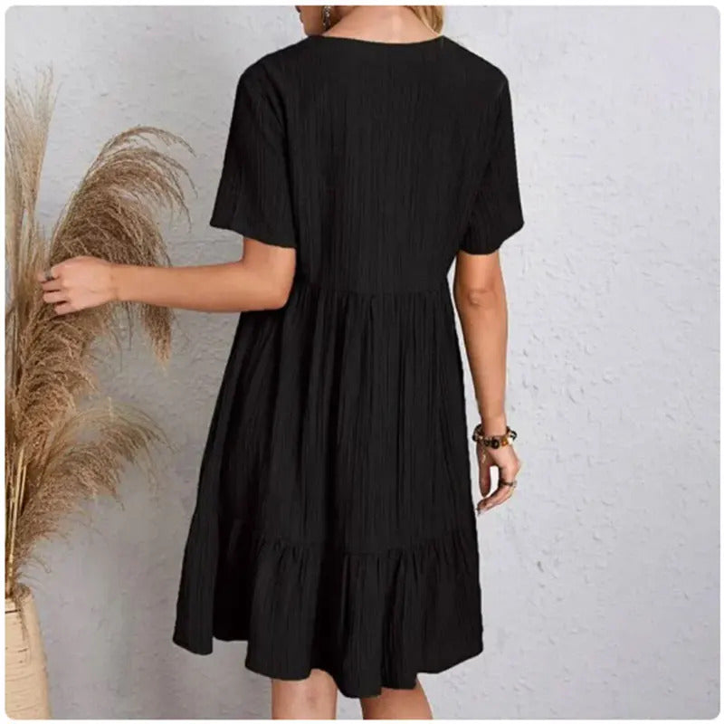 Women Summer Peplum Dresses Spring V-Neck Short Sleeve Loose Waist Ruffle Fit Flare Vocation Dresses