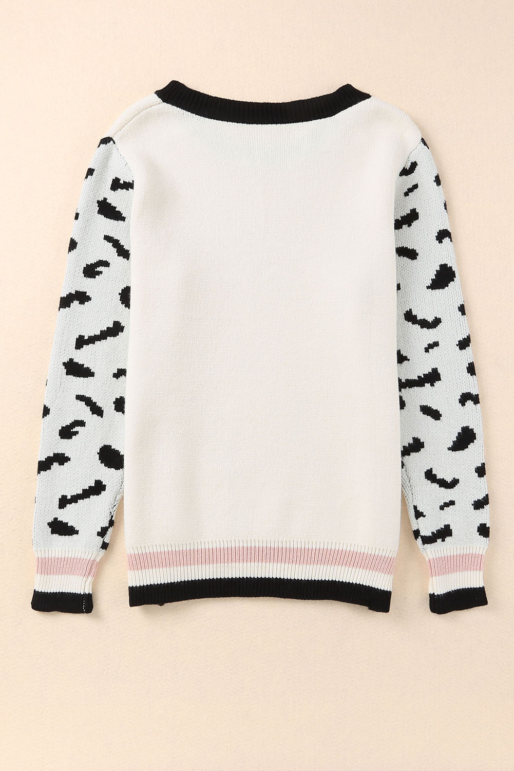 White Leopard Sleeves Contrast Neckline Drop Shoulder Sweater