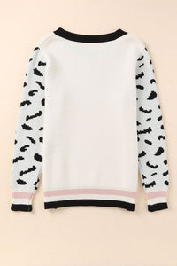 White Leopard Sleeves Contrast Neckline Drop Shoulder Sweater