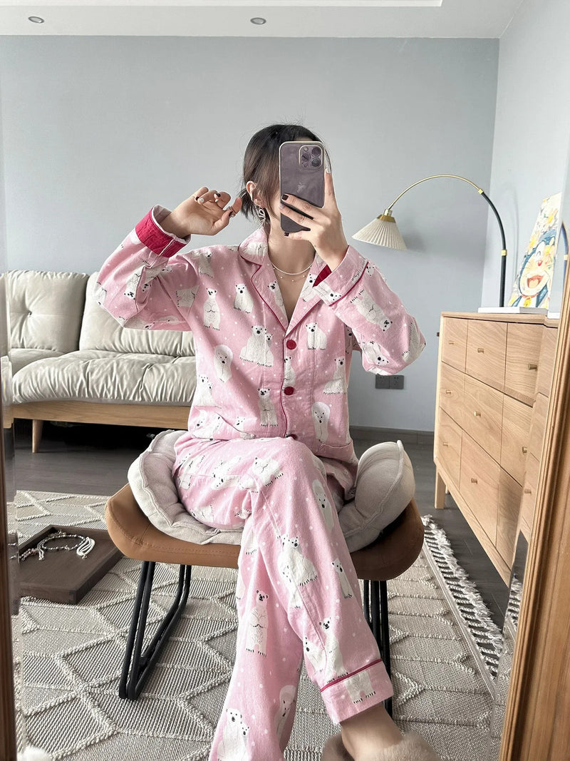 100% Cotton Pajamas for Women Loose Cartoon Long Sleeve Pants Loungewear Women 2 Piece Set Pj Women Outfit Sleepwear Set Pijamas