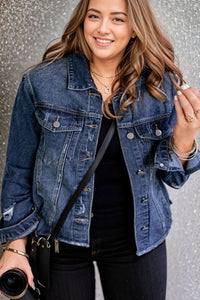 Dark Blue Plus Size Distressed Flap Pocket Denim Jacket