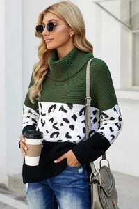 Green Turtleneck Splicing Chunky Knit Pullover Sweater