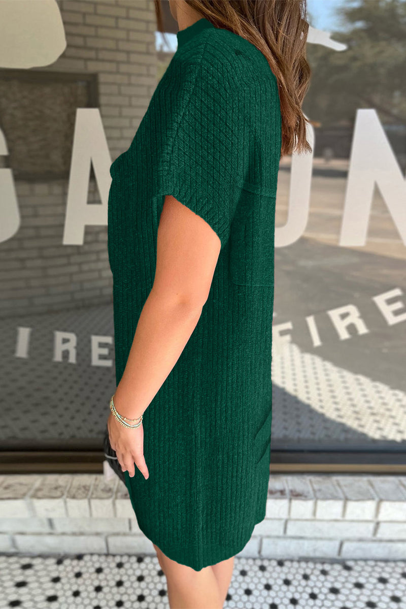 Blackish Green Patch Pocket Ribbed Knit Short Sleeve Sweater Dress