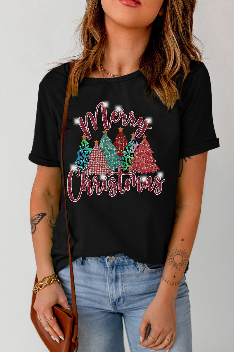 Black Merry Christmas Tree Pattern Graphic Tee