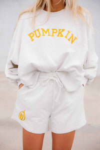 White PUMPKIN Flocking Graphic Pullover Sweatshirt and Shorts Set