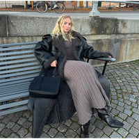 Women Black Lamb Wool Patchwork Leather Overcoat Fashion Lapel High Waist Pockets Jacket With Belt Winter Lady Street Warm Coats