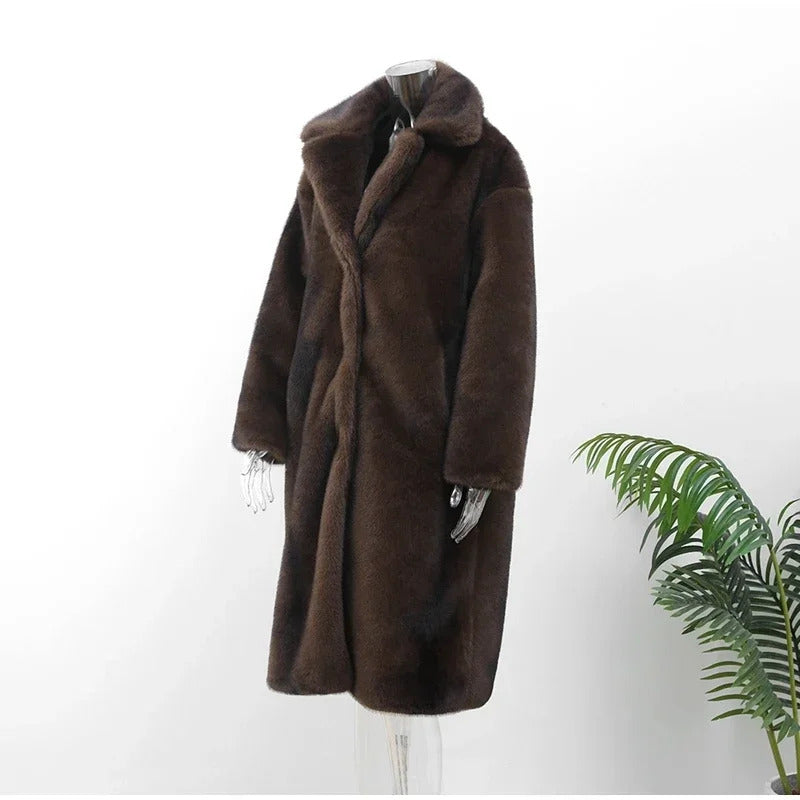 Dark Brown Faux Fur Long Overcoat For Women Fashion Lapel Single Breasted Loose Fluffy Plush Warm Coat Winter Thicken Outerwear