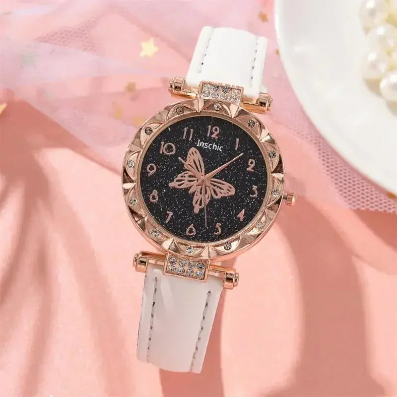 Women Fashion Watch Set No Box Quartz Wristwatch Luxury Crystal Rhinestone Pearl Quartz Watches Butterfly Watches Bracelet Set