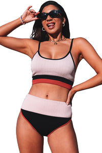 Apricot Spaghetti Straps Colorblock Ribbed High waisted swimsuits