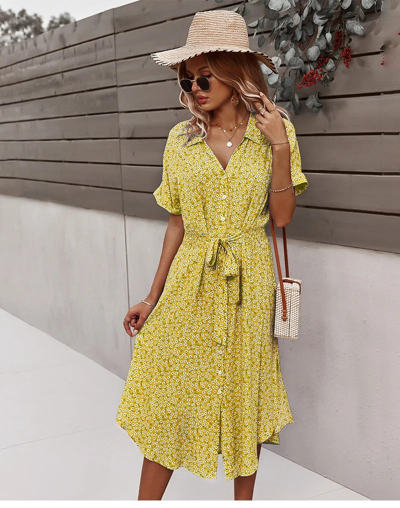 Summer Women Floral Print Dress Casual Short Sleeve Button Holiday Midi Dresses Female V-Neck Beach Boho Chic Dress Elegant Robe