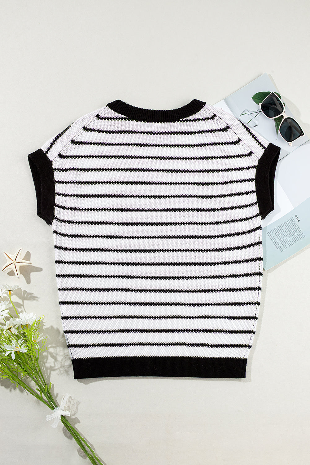 Black Stripe Loose Knit Short Sleeve Sweater