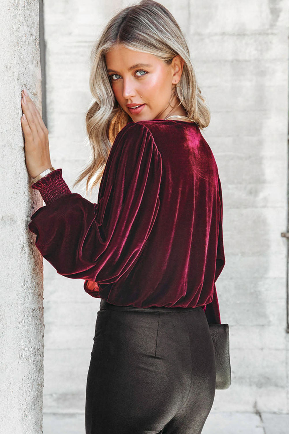 Burgundy Surplice V Neck Bubble Sleeve Velvet Bodysuit