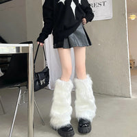 Japanese White Faux Fur Leg Warmers Boot Covers Y2K Goth Solid Leg Socks Punk Jk Knee-length Hiphop Hotgirl Fashion Warm Sock