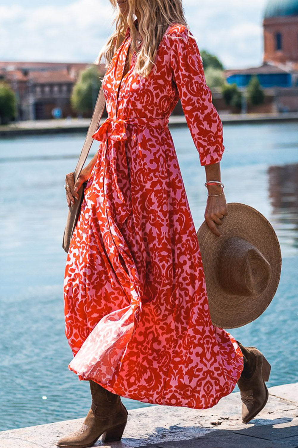 Tomato Red Printed 3/4 Sleeve V Neck Shirt Long Dress with Belt