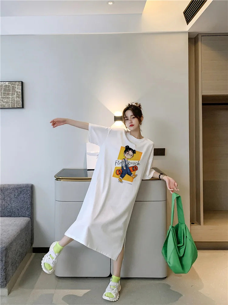 Harajuku Graphic White Long Dress Woman Clothing Y2k Casual Short Sleeve O-Neck Korean Fashion Summer Womens Loose Dresses 2024