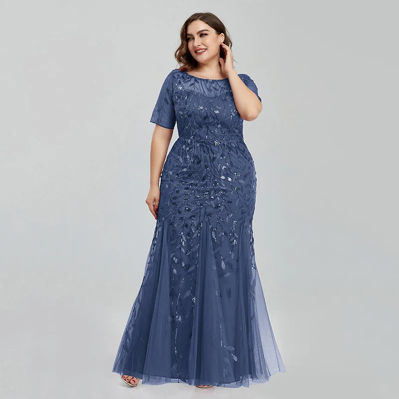 Women Plus Size Sequin Mesh Embroidery Mermaid  Evening Dress Formal Short Sleeve Elegant Party Prom Gowns 2020 New Long Dress