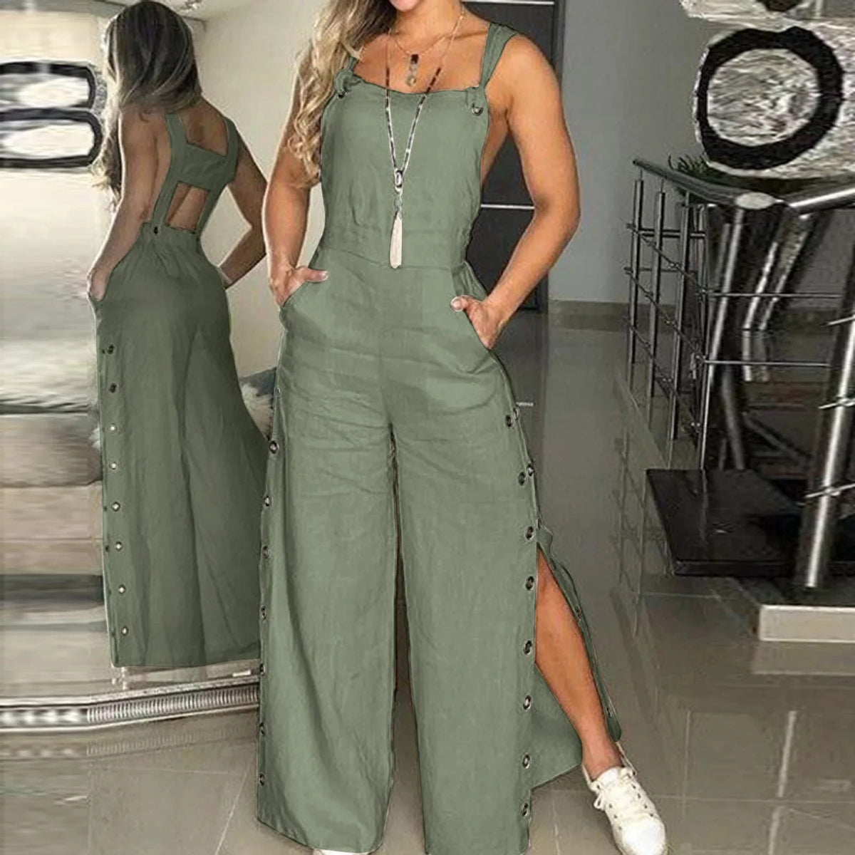 Summer Fashion Womens Sleeveless Jumpsuit Rompers Ladies Solid Wide Leg Button Openings Long Trousers Suspenders Overalls Pocket