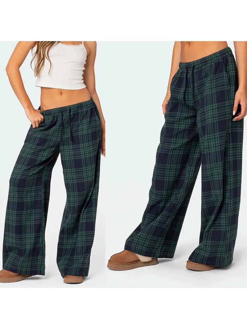 Women Y2k Oversize Pants Lounge Bottoms Fashion Plaid Casual Pants Elastic High Waist Casual Pockets Pajama Pants Homewear