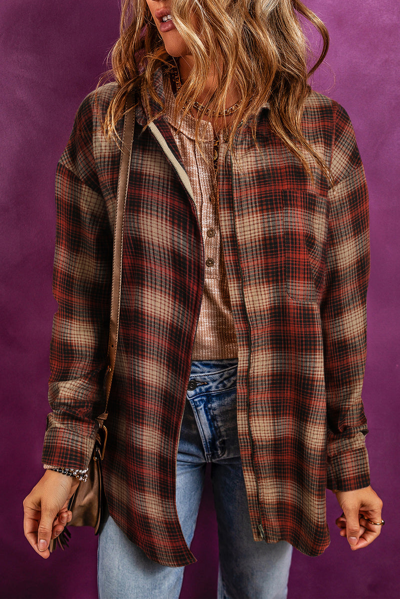 Fiery Red Plaid Zip Up Chest Pocket Shacket