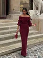 Elegant Off Shoulder Lace Maxi Dress Women Fashion Hollow Out Long Flare Sleeve Slim Dresses 2024 New Female Evening Party Gowns