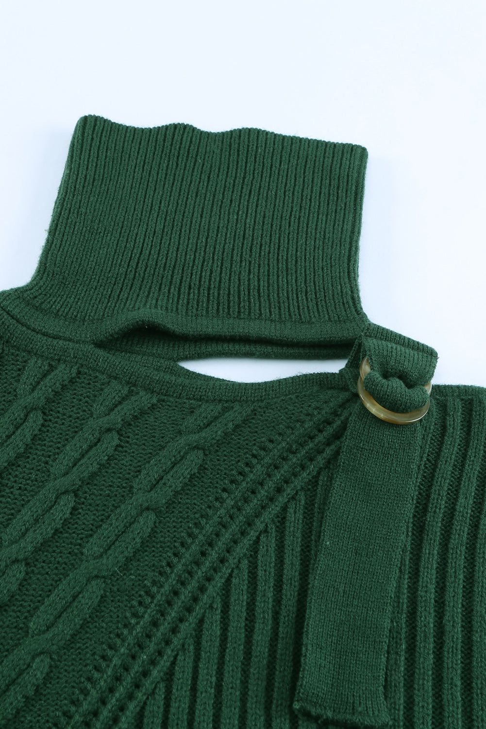 Green Strapped Cut out Shoulder Turtleneck Sweater