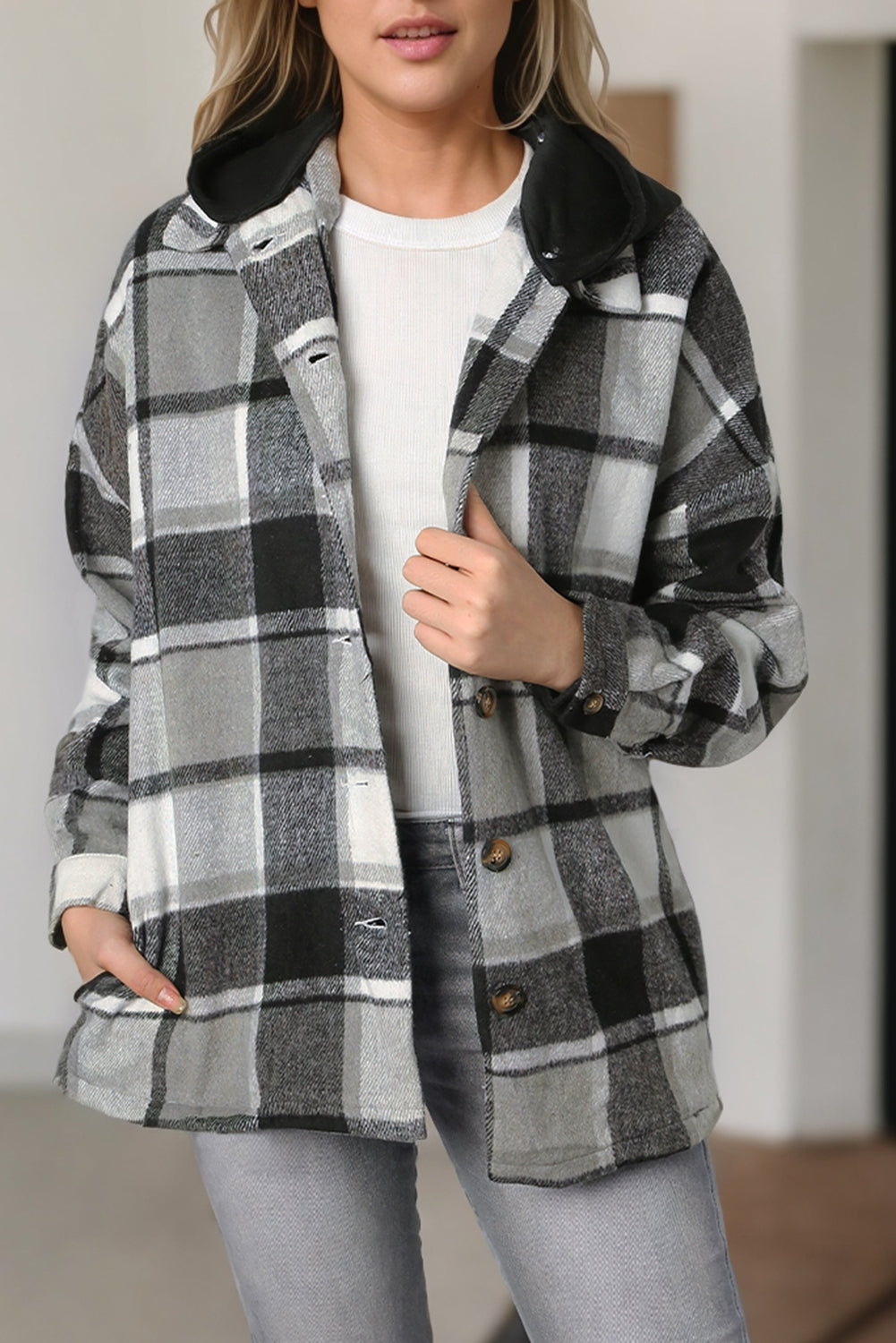 Gray Hooded Plaid Button Front Shacket