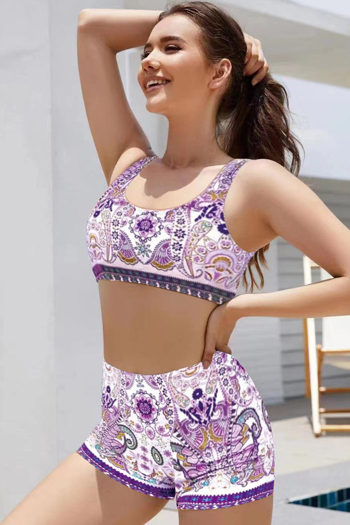 Purple Boho Paisley Print Tank Shorts Swimsuit