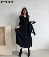 BGTEEVER Elegant V-neck Single-breasted Women Thicken Sweater Dress 2021 Autumn Winter Knitted Belted Female A-line soft dresses