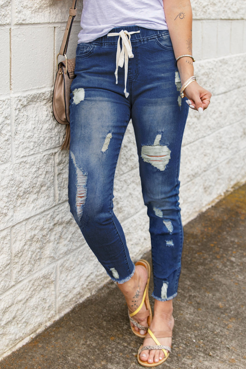 Blue Drawstring Elastic Waist Hole Ripped Jeans