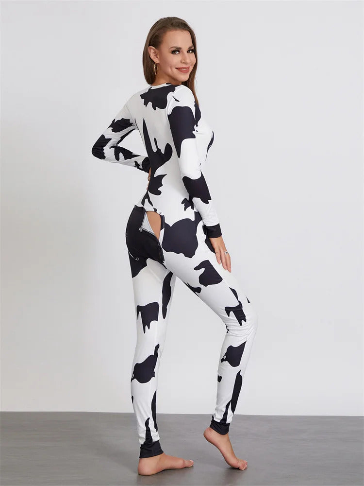 Women Buttoned Flap Jumpsuits Sleepwear Cow Printed Long Sleeve V Neck Bodycon Romper Spring Fall Loungewear