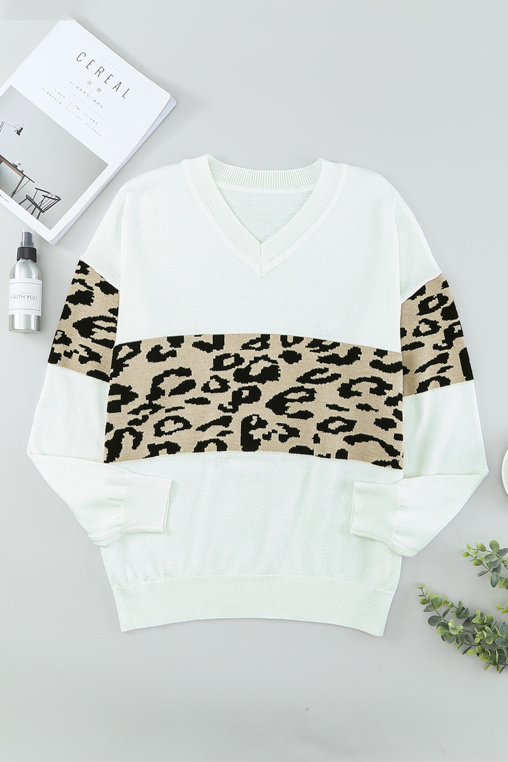 Black Leopard Colorblock V Neck Knit Sweater