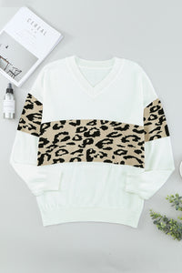 Black Leopard Colorblock V Neck Knit Sweater